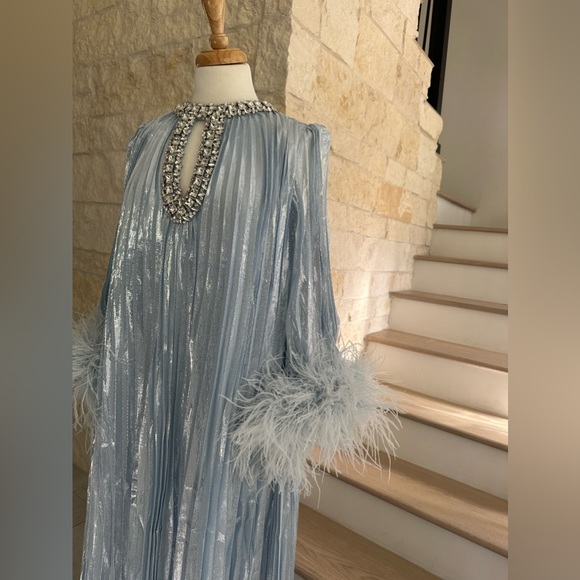 Self Portrait Blue Metallic Chiffon Feather Midi Dress - Picture 11 of 17